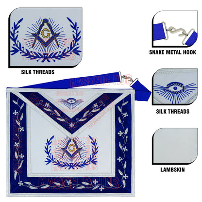 Master Mason Masonic Apron – Hand-Embroidered with Blue &amp; White Border (100% Lambskin)