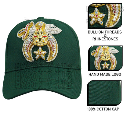 Masonic Gold Tassel Shriner Jewel Embroidered Green Baseball Cap - Handcrafted