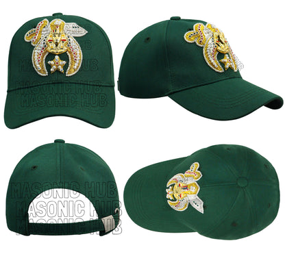 Masonic Gold Tassel Shriner Jewel Embroidered Green Baseball Cap - Handcrafted