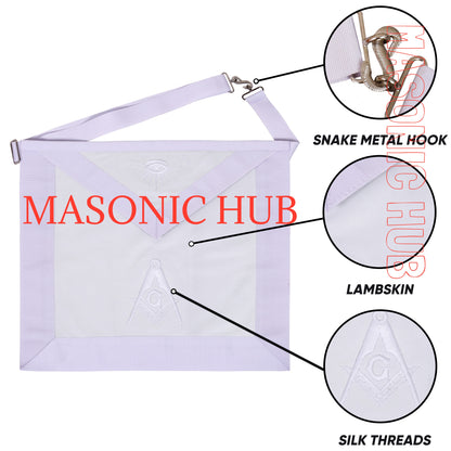MASONIC ALL WHITE HAND EMBROIDERED MASTER MASON 100% LAMBSKIN APRON