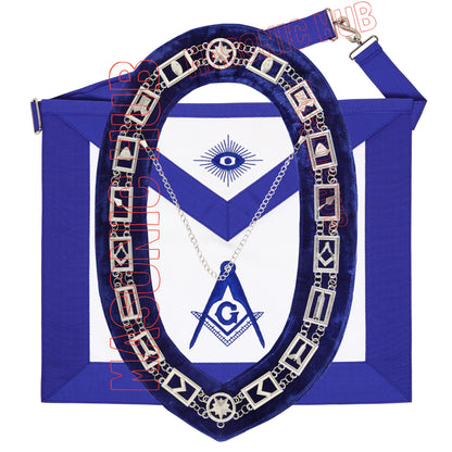 Masonic Blue Lodge Master Mason Apron, Chain Collar &amp; Hand-Embroidered Gloves Set