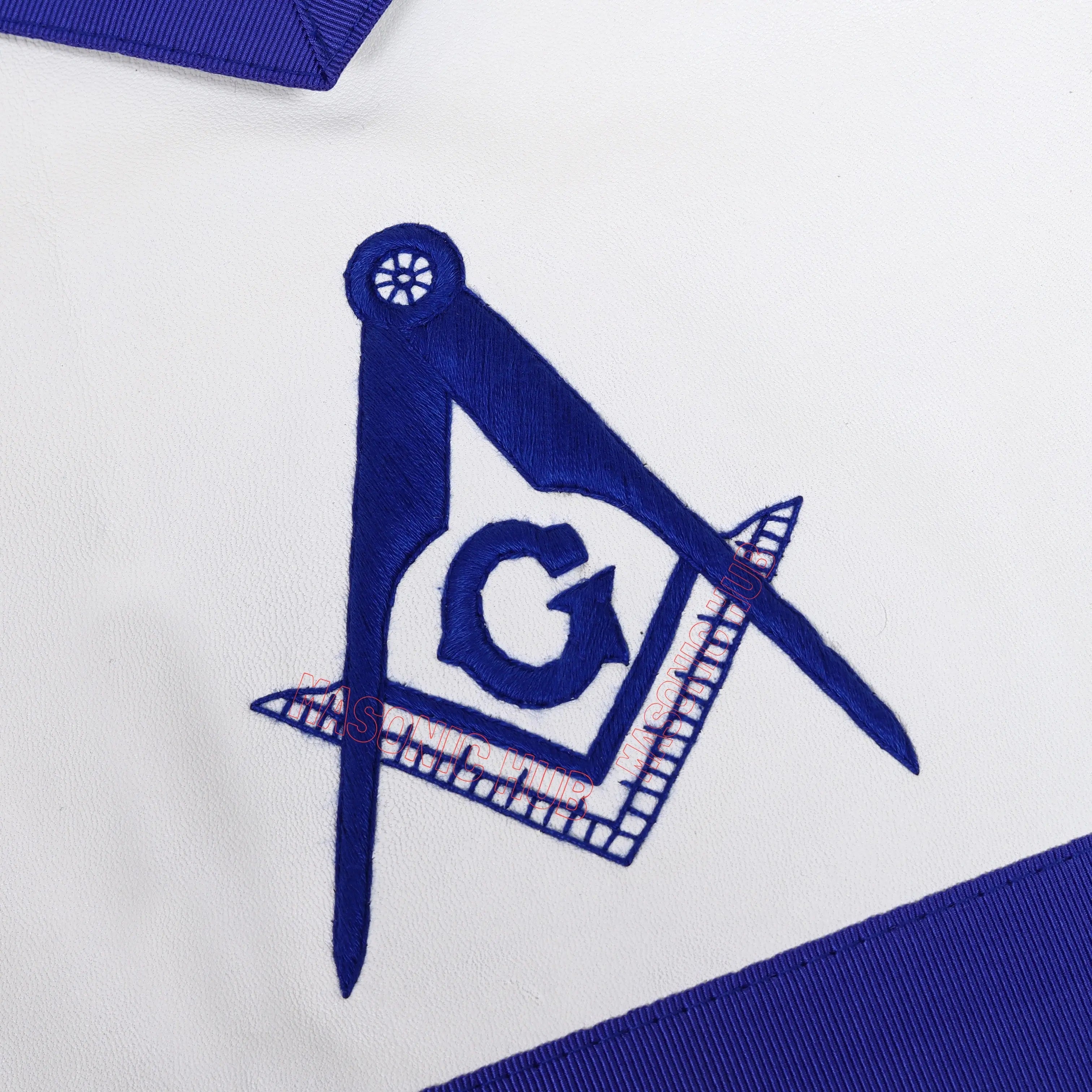 Handmade 100% Lambskin Blue Lodge Apron with Hand-Embroidered Compass &amp; Square Masonic Hub