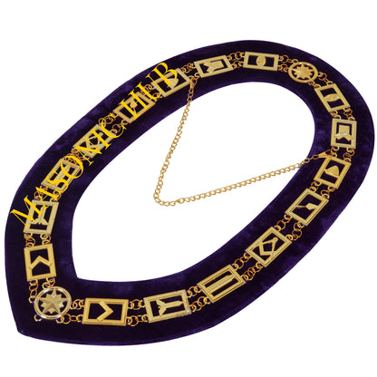 BLUE LODGE WORKING TOOLS CHAIN COLLAR PURPLE BACKING - GOLD PLATED