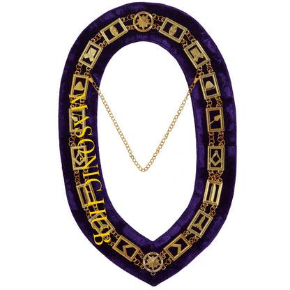 BLUE LODGE WORKING TOOLS CHAIN COLLAR PURPLE BACKING - GOLD PLATED
