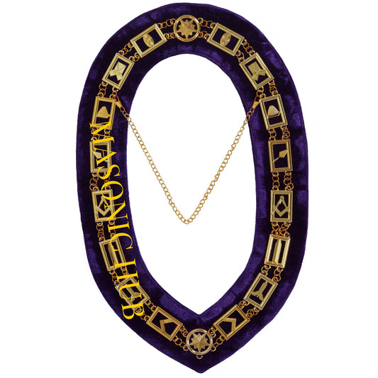 BLUE LODGE WORKING TOOLS CHAIN COLLAR PURPLE BACKING - GOLD PLATED