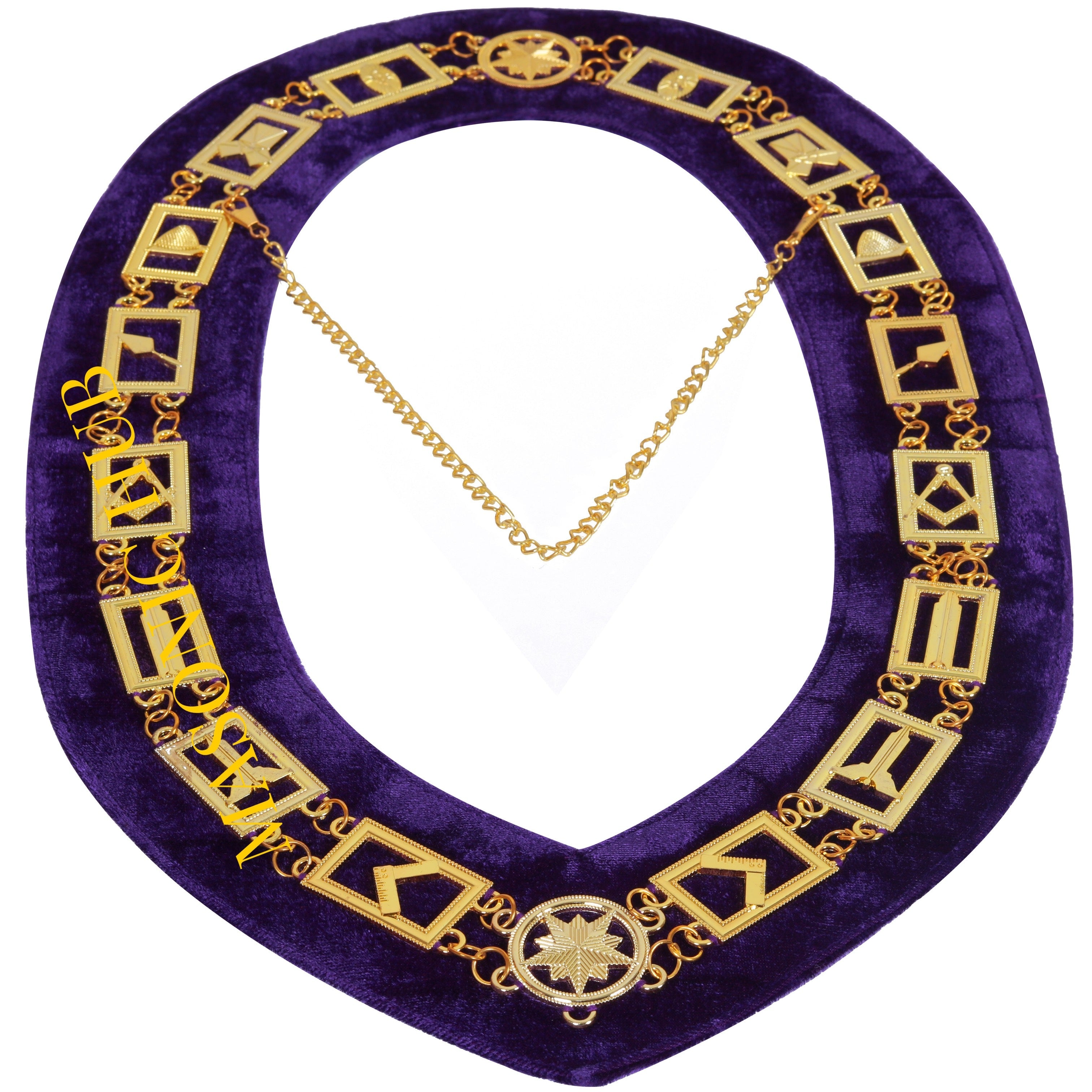 BLUE LODGE WORKING TOOLS CHAIN COLLAR PURPLE BACKING - GOLD PLATED Masonic Hub