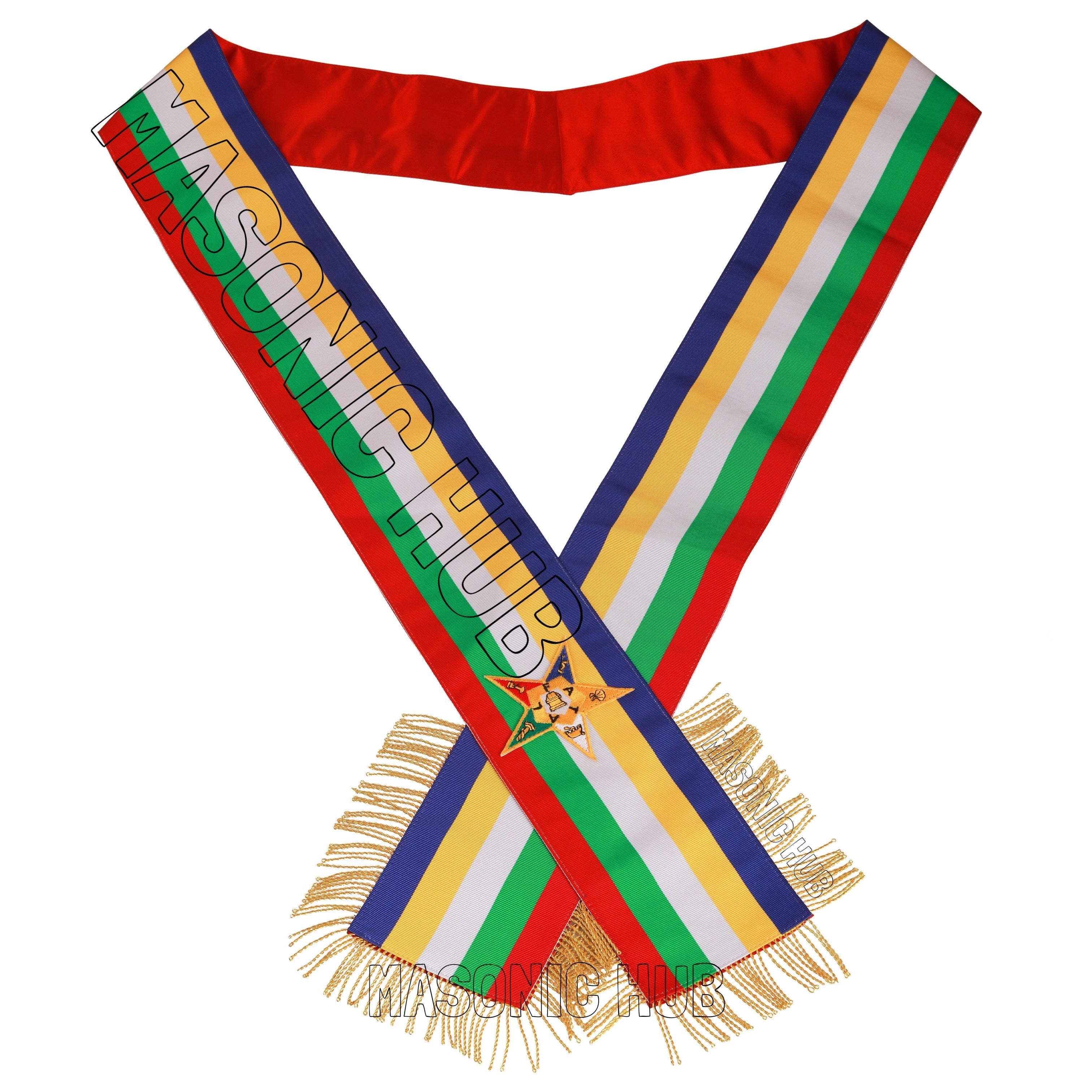 Masonic Order of the Eastern Star (OES) Five-Color Sash with Red Lining &amp; Gold Fringe Masonic Hub