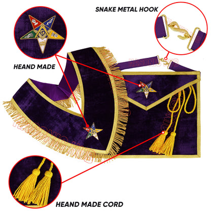 Handcrafted Purple Velvet OES Worthy Patron Masonic Apron &amp; Collar Set