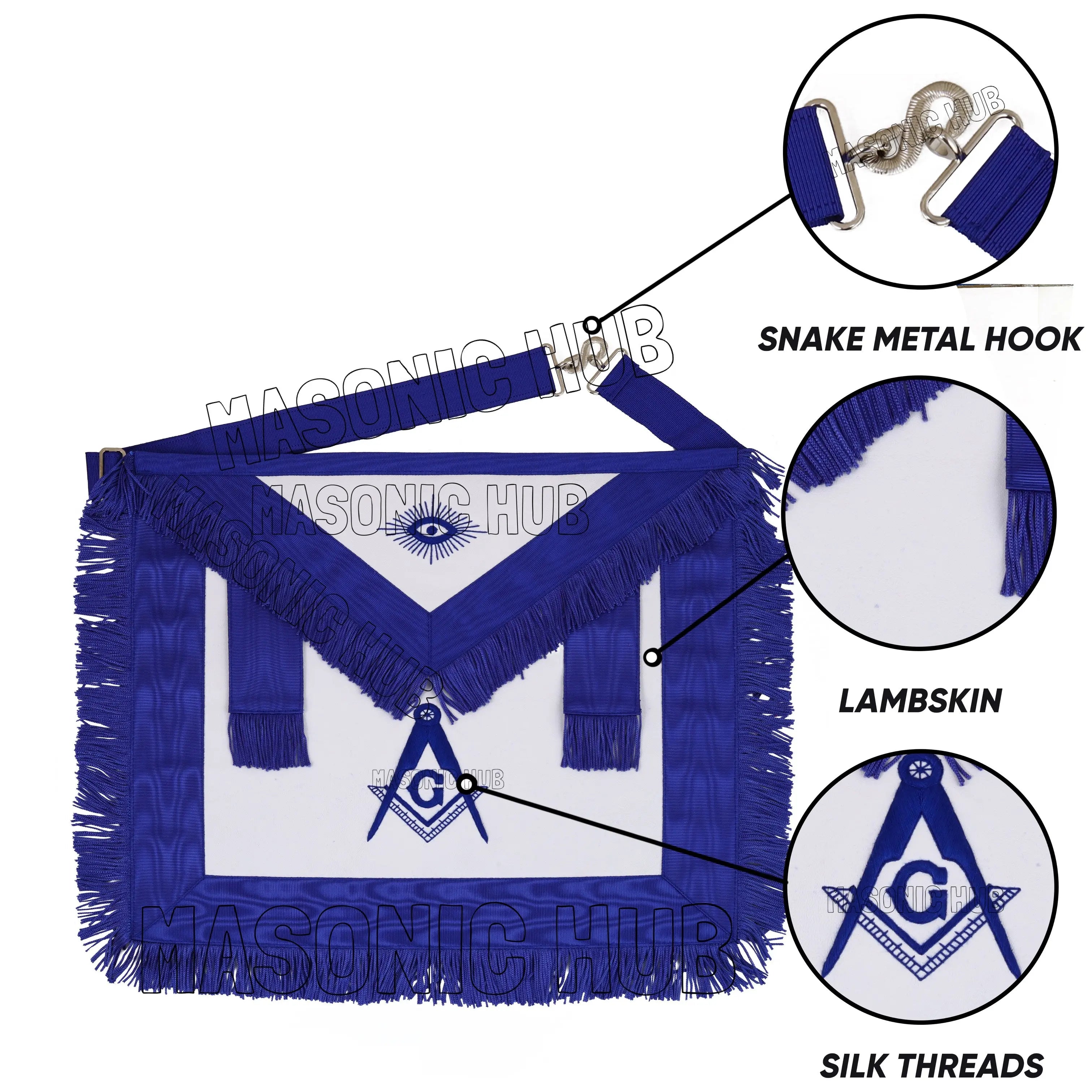Handcrafted 100% Lambskin Masonic Master Mason Blue Lodge Apron with Blue Fringe Masonic Hub