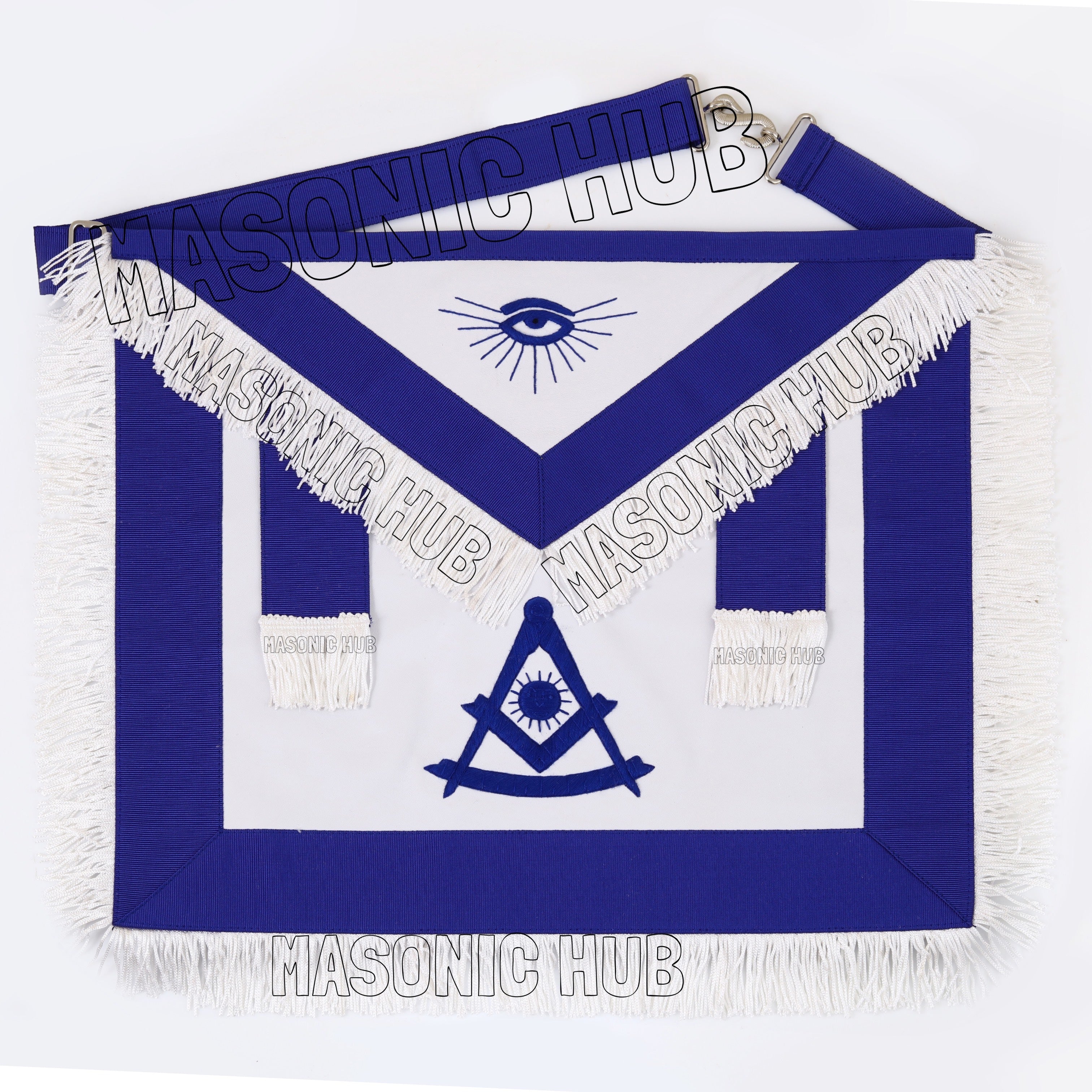 Masonic Past Master Apron – 100% Lambskin, Blue with White Fringe (Hand-Embroidered) Masonic Hub