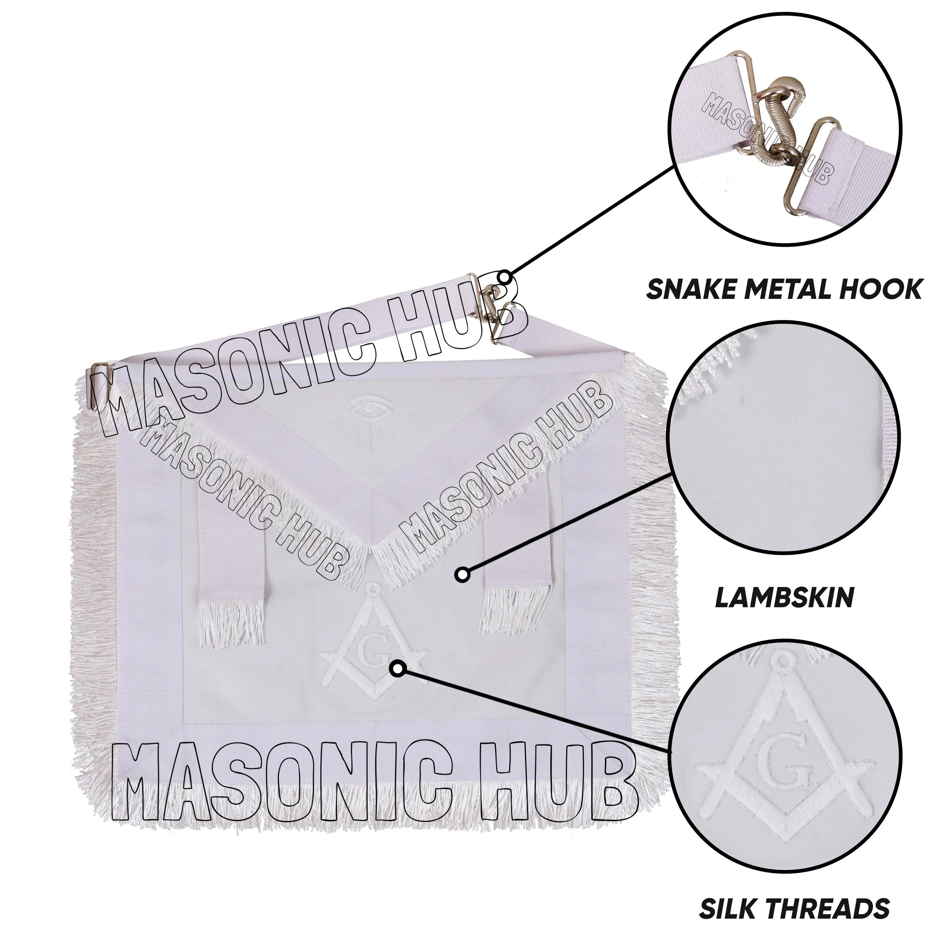 Masonic Master Mason 100% Lambskin Apron All White with Fringe - Hand Embroidery Masonic Hub