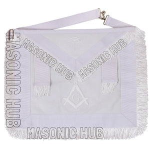 Masonic Master Mason 100% Lambskin Apron All White with Fringe - Hand Embroidery Masonic Hub