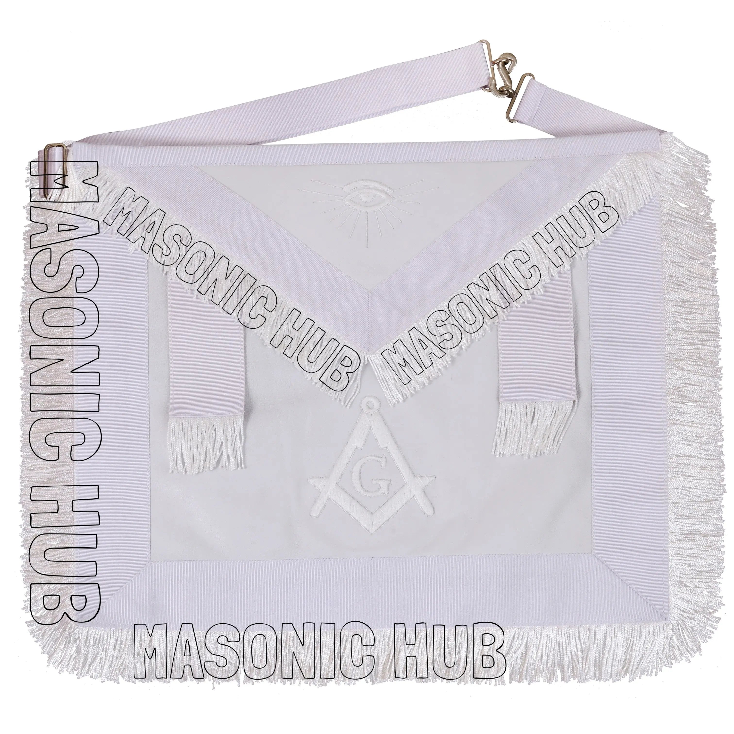 Masonic Master Mason 100% Lambskin Apron All White with Fringe - Hand Embroidery Masonic Hub