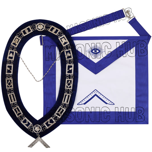 Masonic Worshipful Master Silver Jewel Collar &amp; Embroidered Sheep Apron