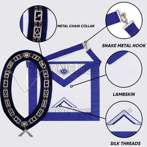Masonic Worshipful Master Silver Jewel Collar &amp; Embroidered Sheep Apron Masonic Hub