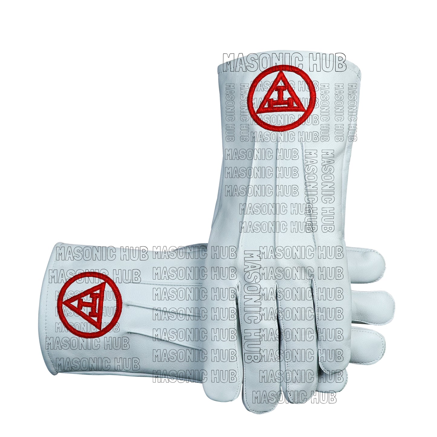 Royal Arch Freemason White Leather Gloves – Hand-Embroidered in Red Silk Thread