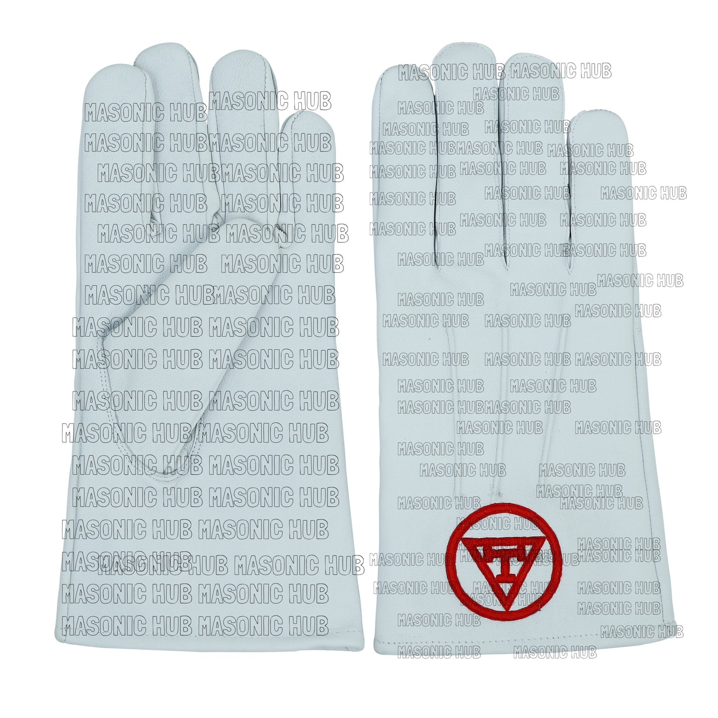 Royal Arch Freemason White Leather Gloves – Hand-Embroidered in Red Silk Thread