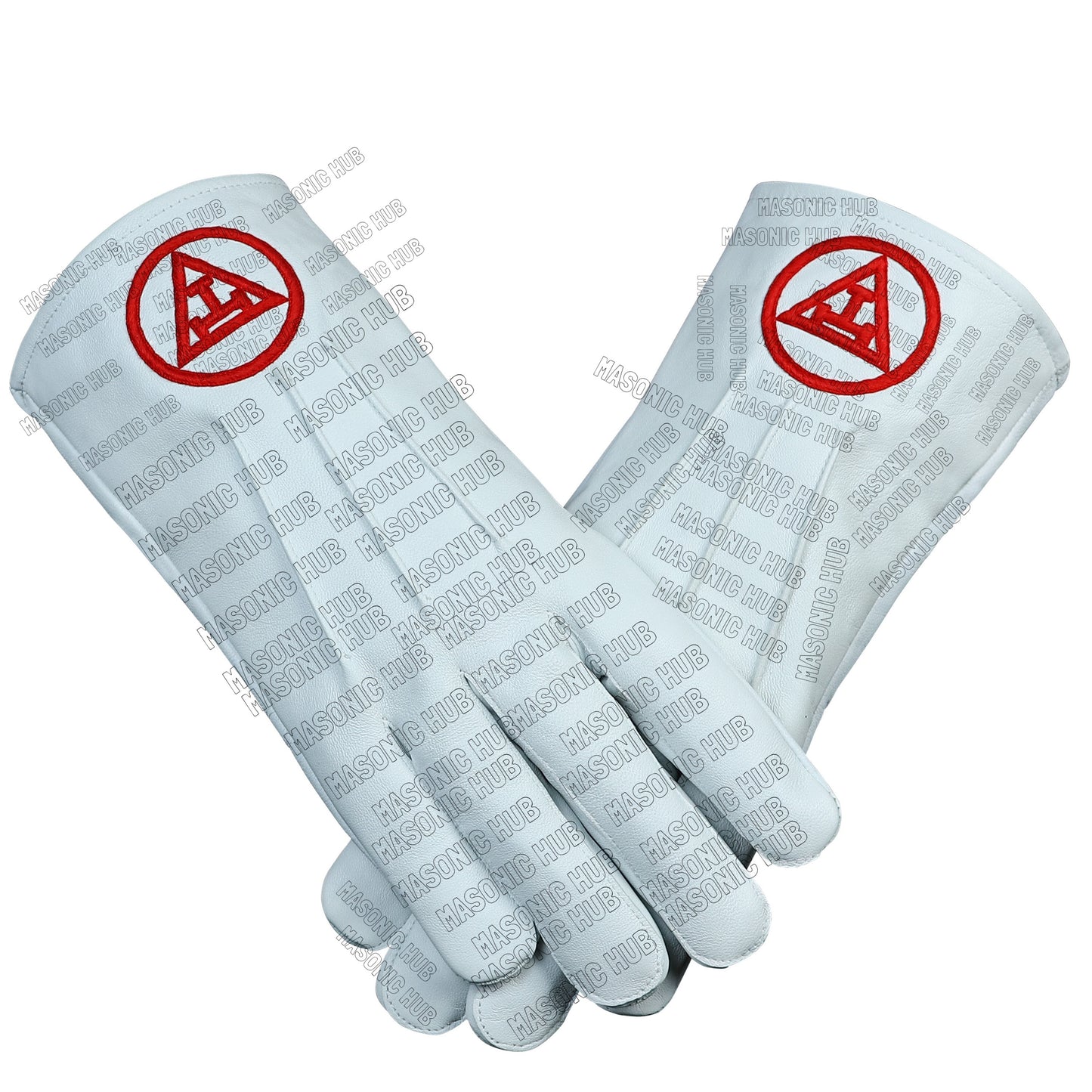 Royal Arch Freemason White Leather Gloves – Hand-Embroidered in Red Silk Thread