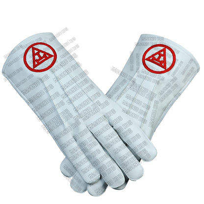 Royal Arch Freemason White Leather Gloves – Hand-Embroidered in Red Silk Thread