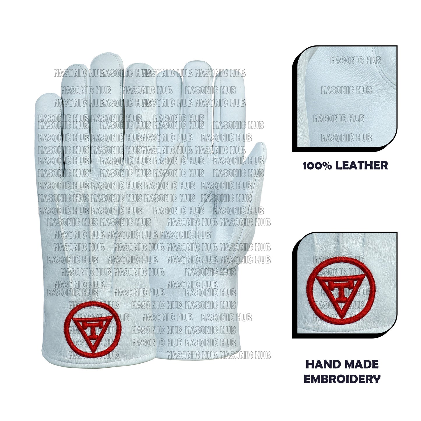 Royal Arch Freemason White Leather Gloves – Hand-Embroidered in Red Silk Thread