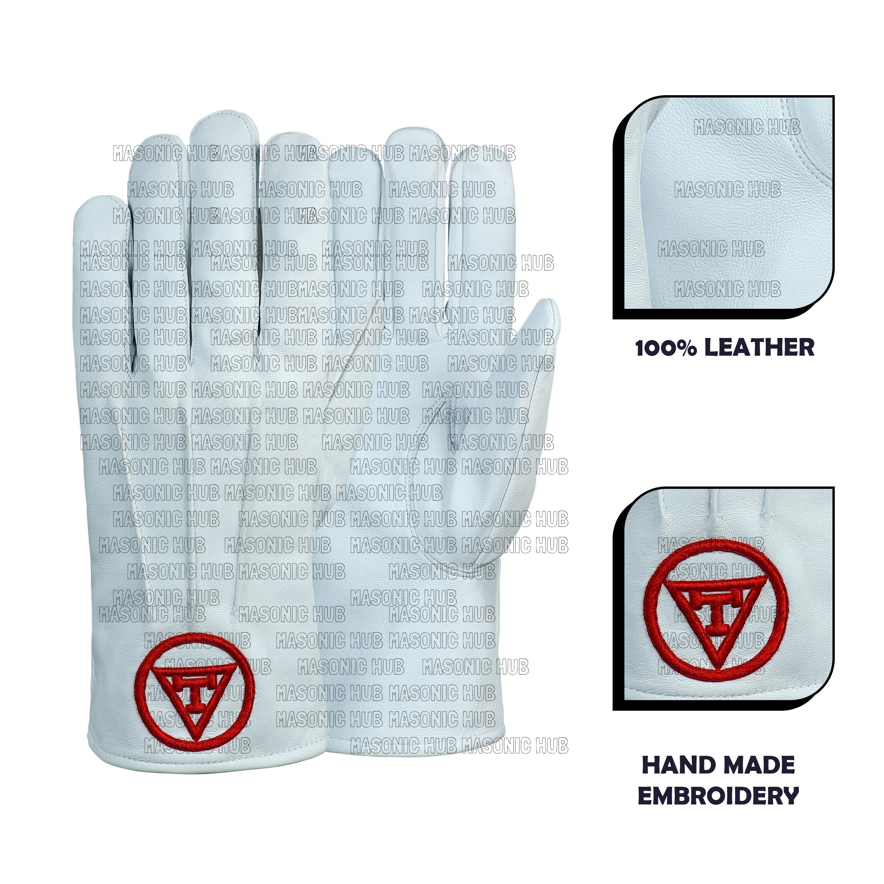 Royal Arch Freemason White Leather Gloves – Hand-Embroidered in Red Silk Thread Masonic Hub