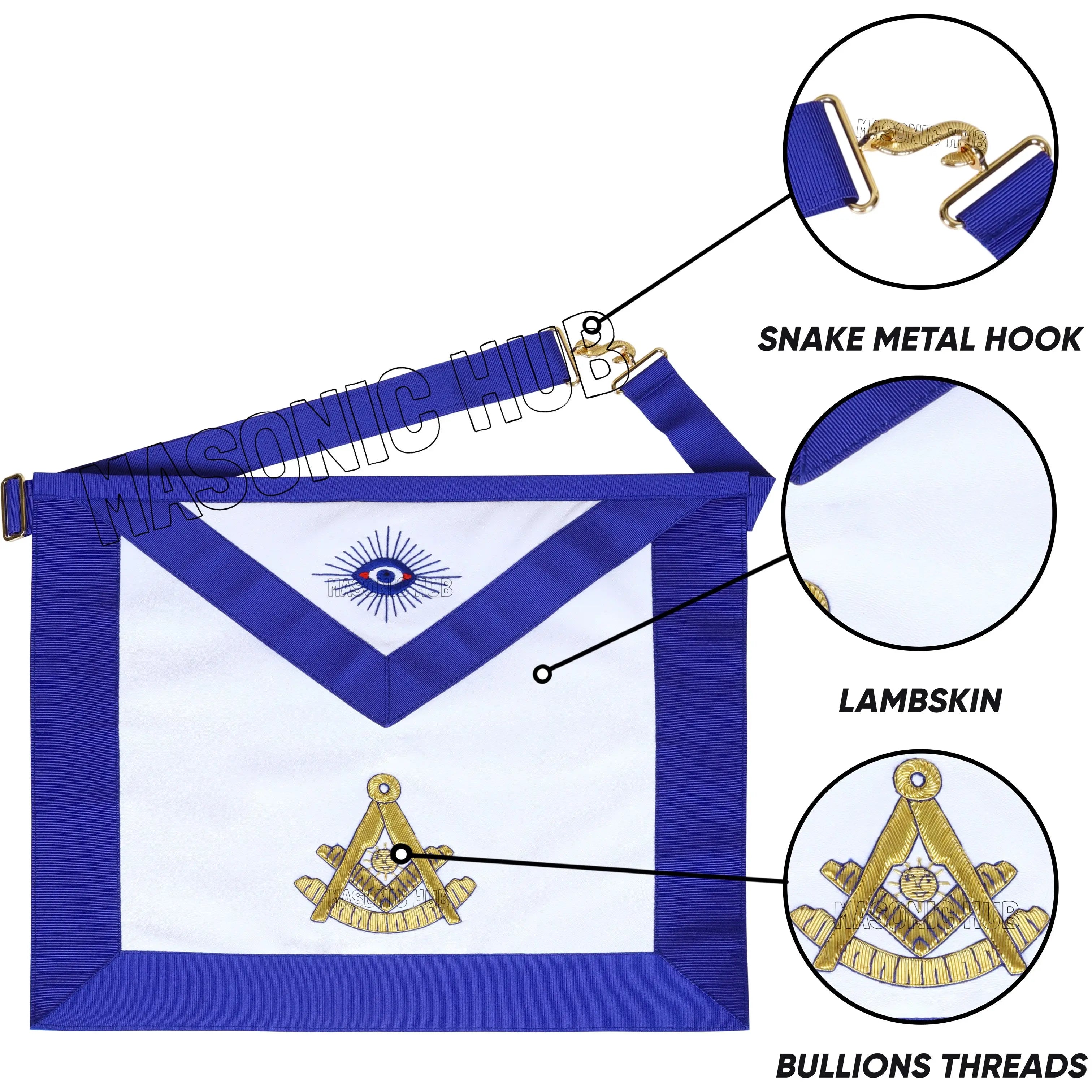 Handcrafted Lambskin Masonic Blue Lodge Past Master Apron with Golden Bullion Masonic Hub