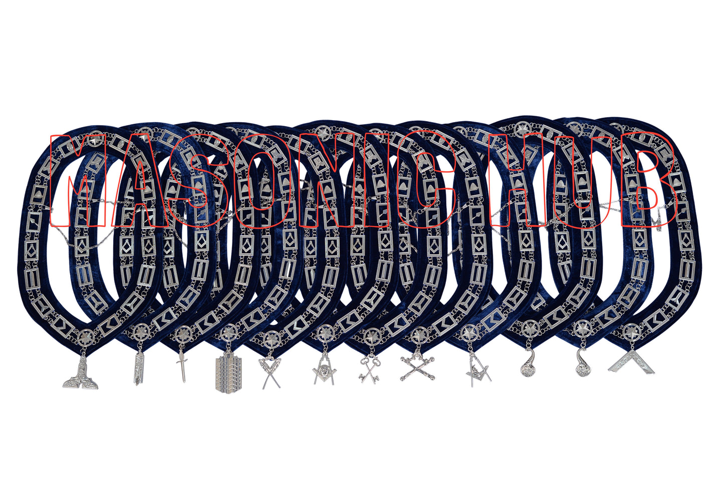 Masonic Blue Lodge Officer Working Tools Set (12) – Chain Collars + FREE Jewels – Complete Regalia Lot
