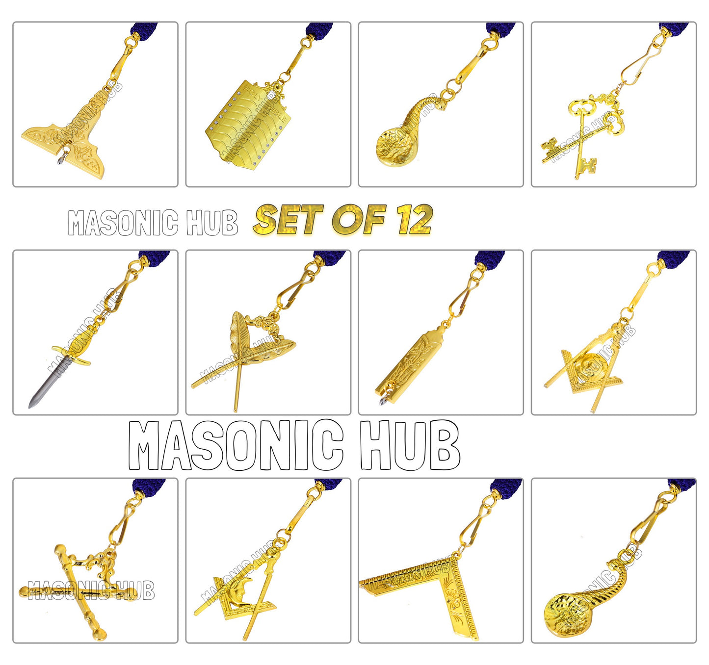Masonic Master Mason Blue Lodge Jewel Neck Cord with 12 Gold Jewels – Regalia Set