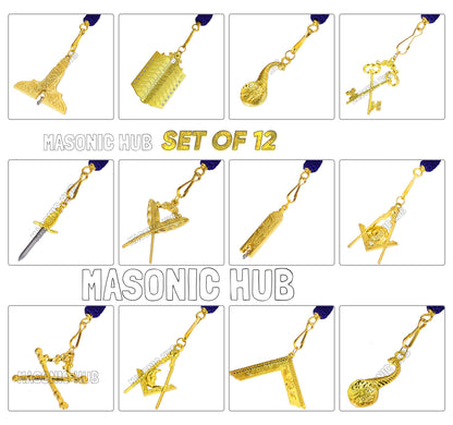 Masonic Master Mason Blue Lodge Jewel Neck Cord with 12 Gold Jewels – Regalia Set