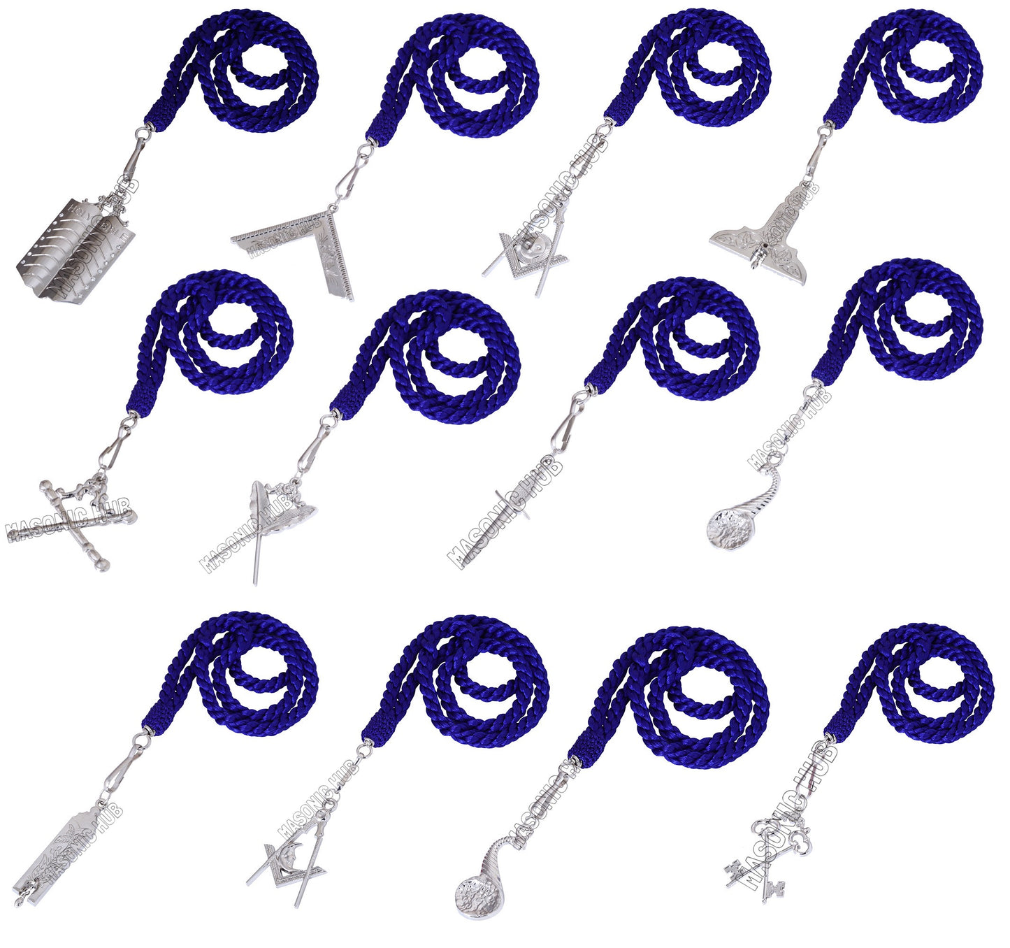 Masonic Master Mason Blue Lodge Jewel Neck Cord with 12 Silver Jewels – Regalia Set