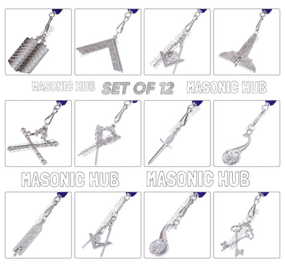 Masonic Master Mason Blue Lodge Jewel Neck Cord with 12 Silver Jewels – Regalia Set