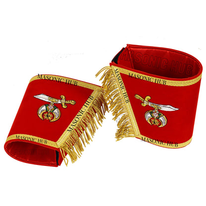 MASONIC SHRINER RED GAUNTLETS CUFFS SHRINERS BULLION HAND EMBROIDERED FRINGE SET