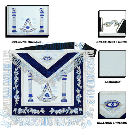 Masonic Past Master Lambskin Apron Compass & Quadrant, Hand-Embroidered Regalia