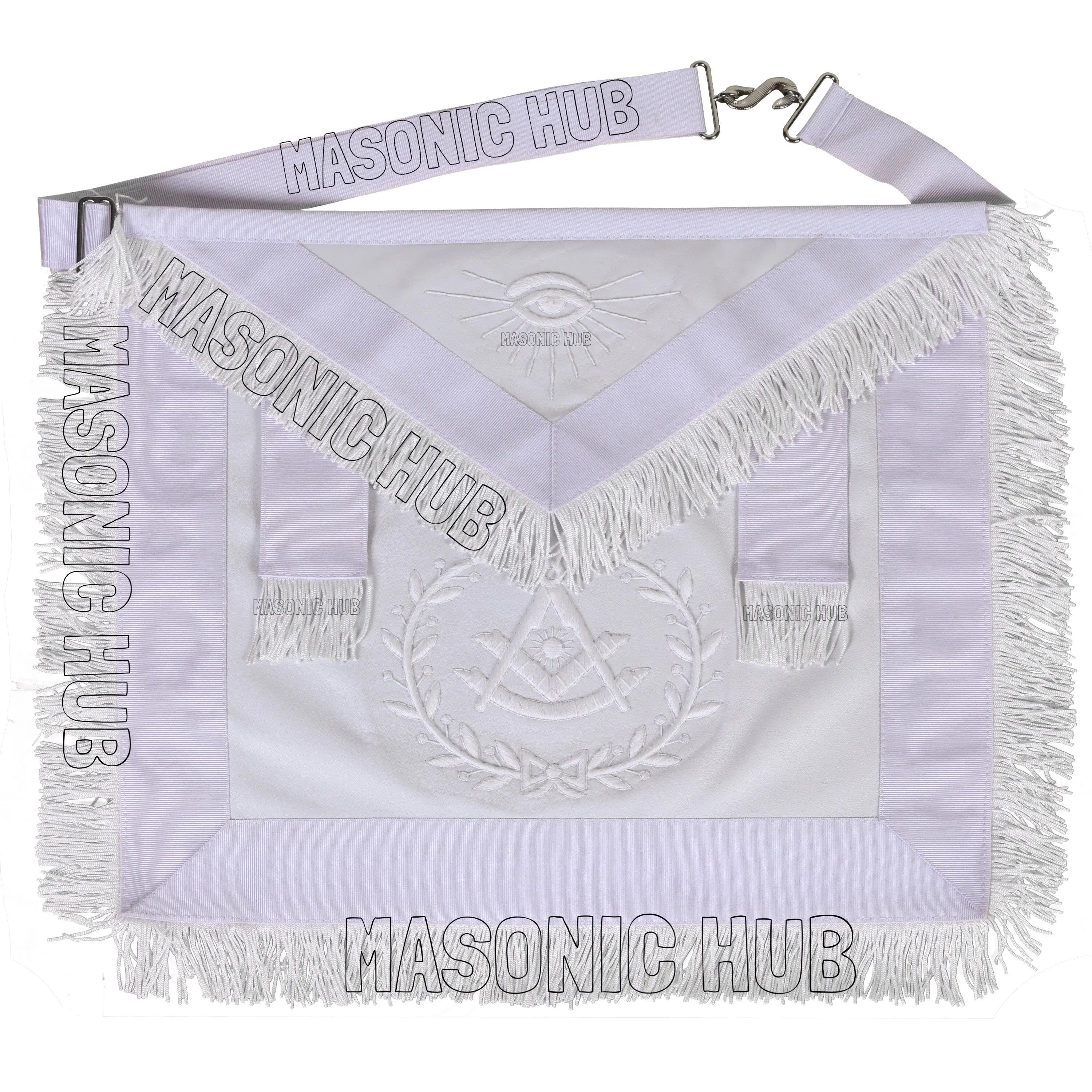 Masonic Past Master Sheepskin Apron - All White, Hand-Embroidered with Wreath Masonic Hub