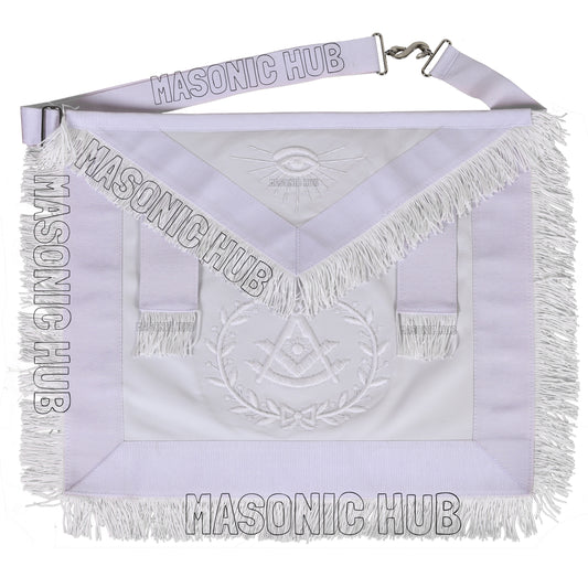 Masonic Past Master Sheepskin Apron - All White, Hand-Embroidered with Wreath