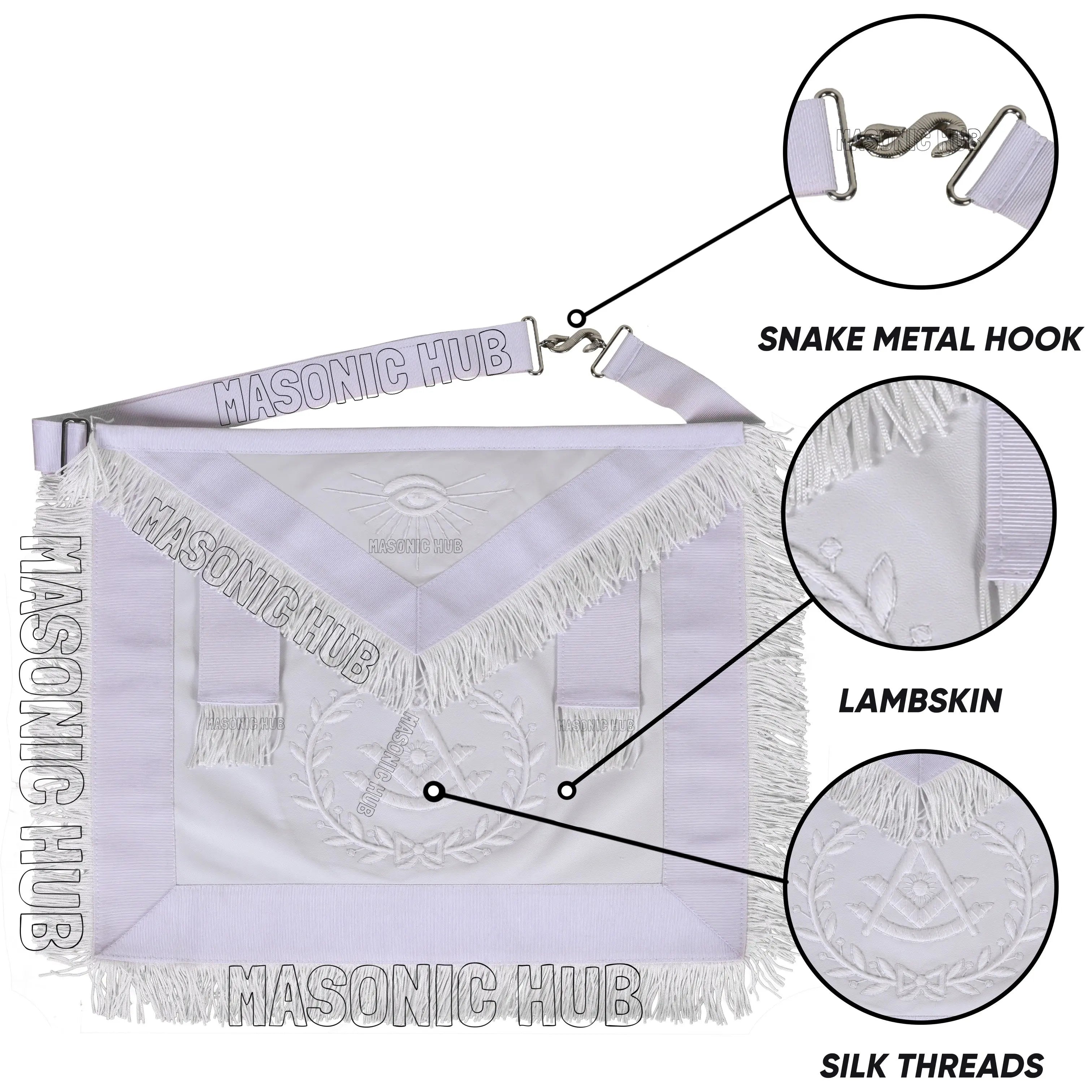 Masonic Past Master Sheepskin Apron - All White, Hand-Embroidered with Wreath Masonic Hub