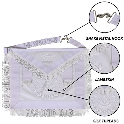 Masonic Past Master Sheepskin Apron - All White, Hand-Embroidered with Wreath