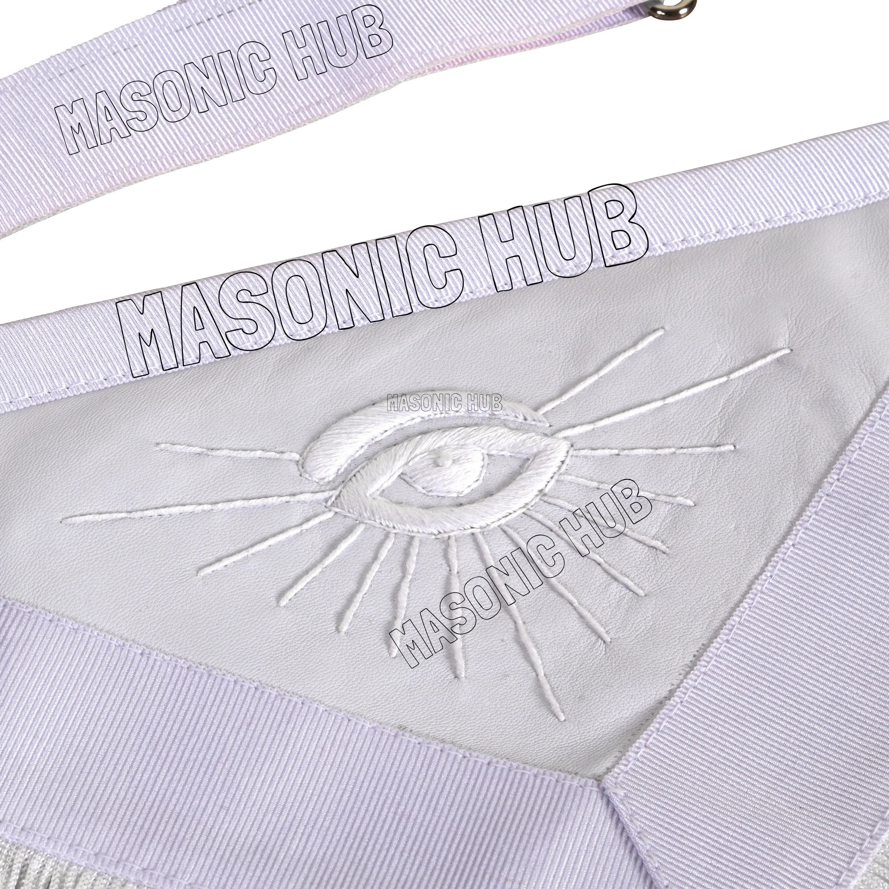 Masonic Past Master Sheepskin Apron - All White, Hand-Embroidered with Wreath Masonic Hub