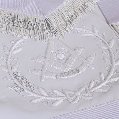 Masonic Past Master Sheepskin Apron - All White, Hand-Embroidered with Wreath