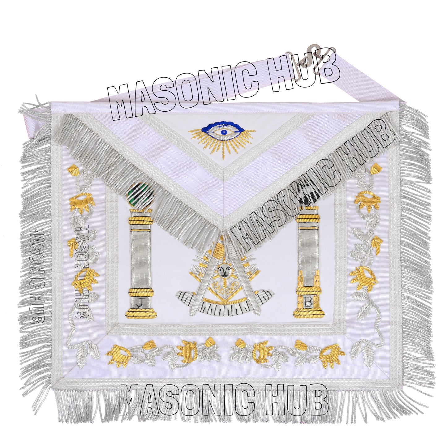MASONIC REGALIA PAST MASTER SHEEP APRON ALL WHITE HAND EMBROIDERED +CHAIN COLLAR WITH JEWEL
