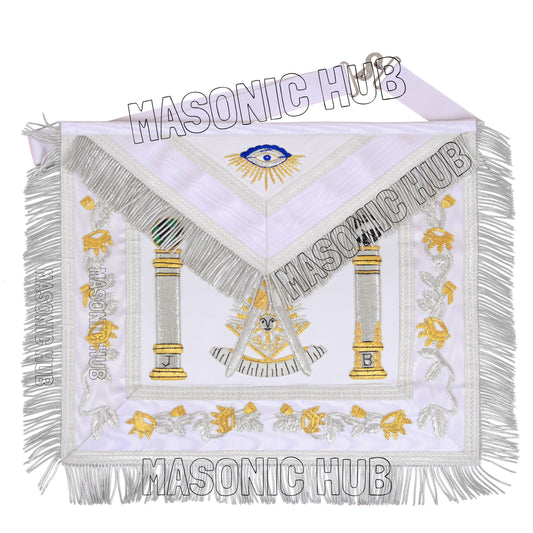 MASONIC REGALIA PAST MASTER SHEEP APRON ALL WHITE HAND EMBROIDERED +CHAIN COLLAR WITH JEWEL