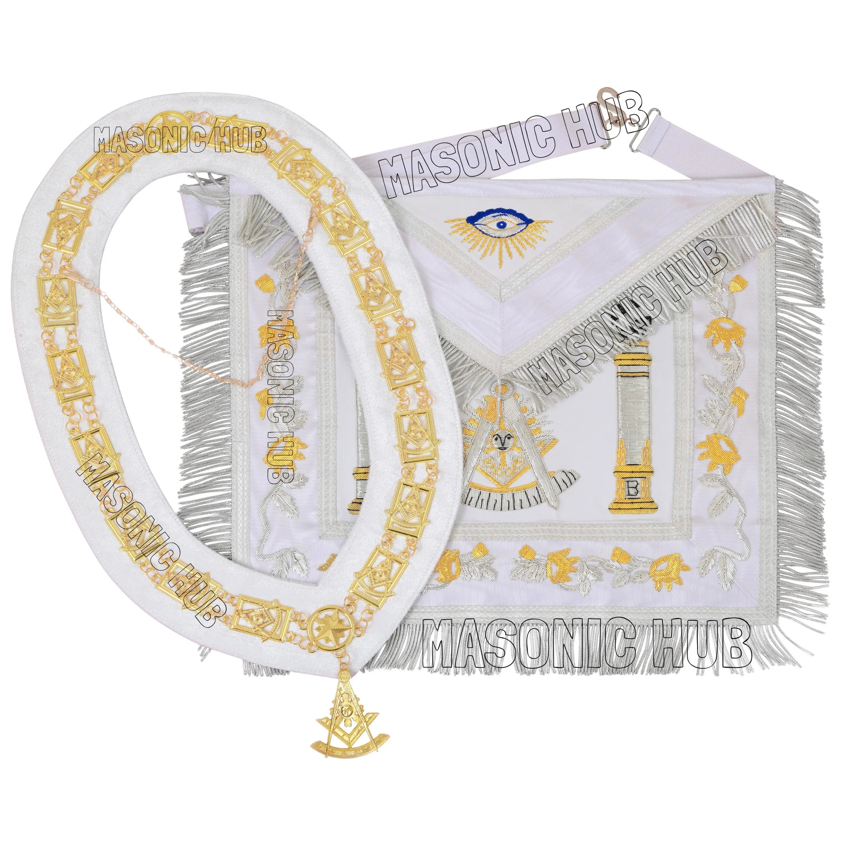 MASONIC REGALIA PAST MASTER SHEEP APRON ALL WHITE HAND EMBROIDERED +CHAIN COLLAR WITH JEWEL Masonic Hub