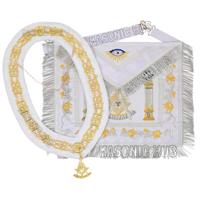 MASONIC REGALIA PAST MASTER SHEEP APRON ALL WHITE HAND EMBROIDERED +CHAIN COLLAR WITH JEWEL
