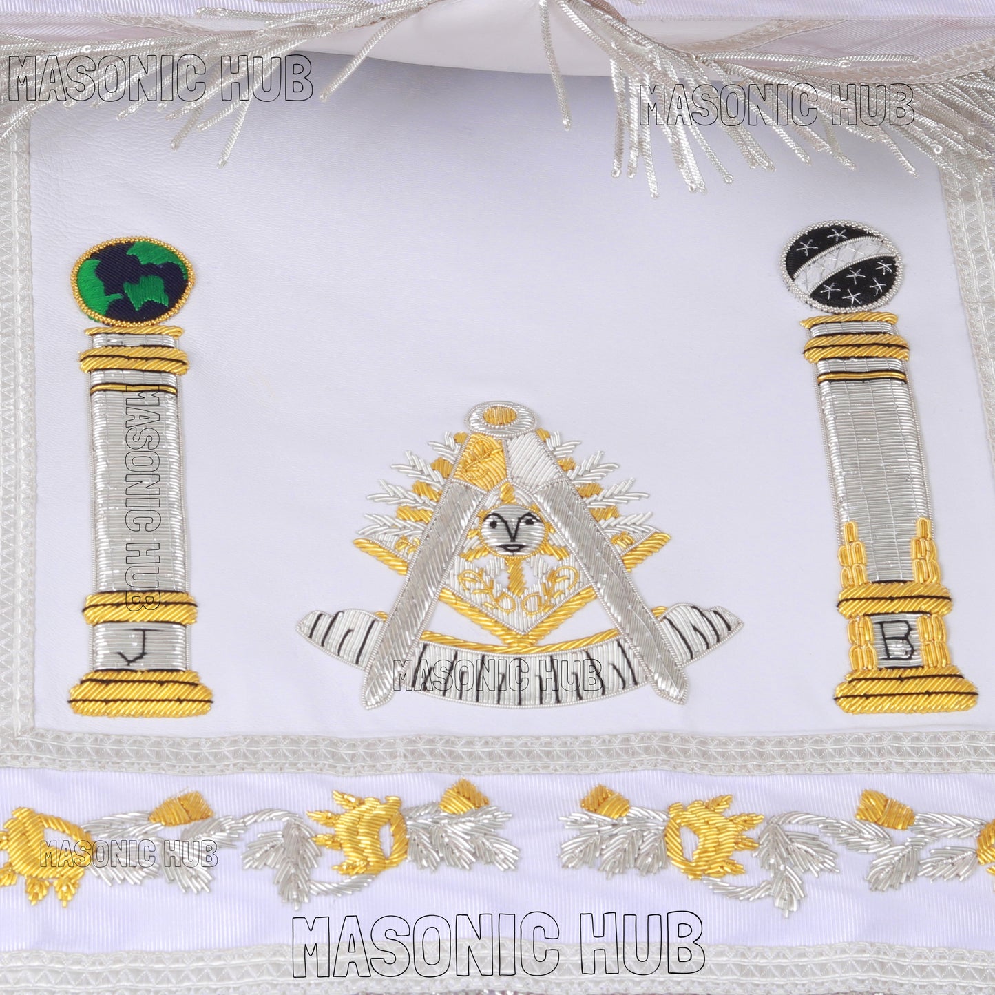 MASONIC REGALIA PAST MASTER SHEEP APRON ALL WHITE HAND EMBROIDERED +CHAIN COLLAR WITH JEWEL