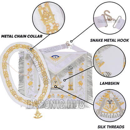 MASONIC REGALIA PAST MASTER SHEEP APRON ALL WHITE HAND EMBROIDERED +CHAIN COLLAR WITH JEWEL