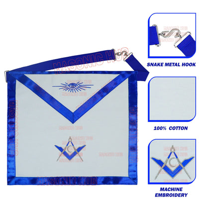 Masonic Regalia Jr. Deacon Cotton Apron - Blue Silk Trim, Machine Embroidery
