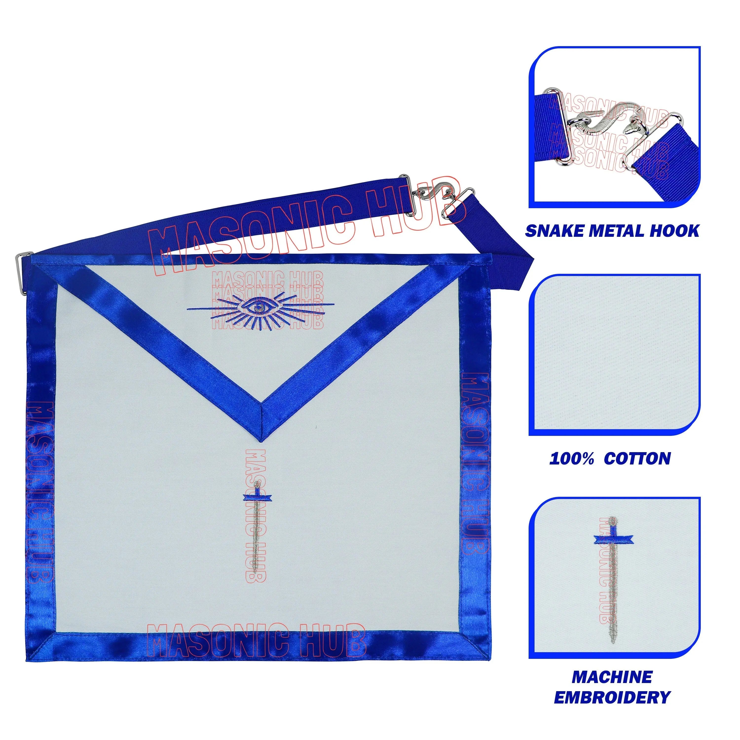 Masonic Regalia Blue Lodge TYLER Cotton Apron - Embroidered Logo, Blue Silk Trim My Store