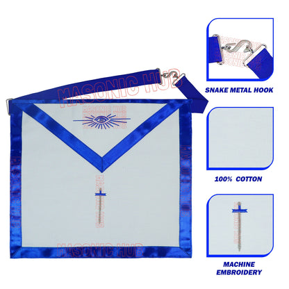 Masonic Regalia Blue Lodge TYLER Cotton Apron - Embroidered Logo, Blue Silk Trim