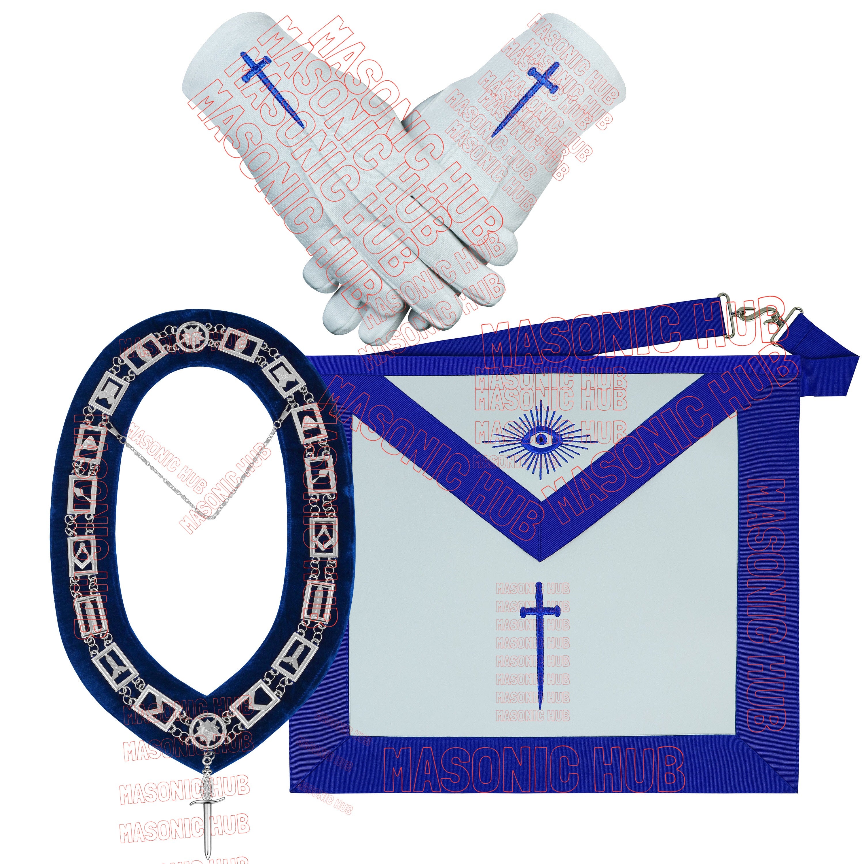Masonic Blue Lodge Tyler Apron Set – Includes Chain Collar & Cotton Gloves