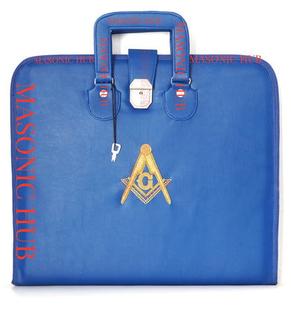 Masonic Hand-Embroidered Square &amp; Compass Apron Case with Handle – Blue